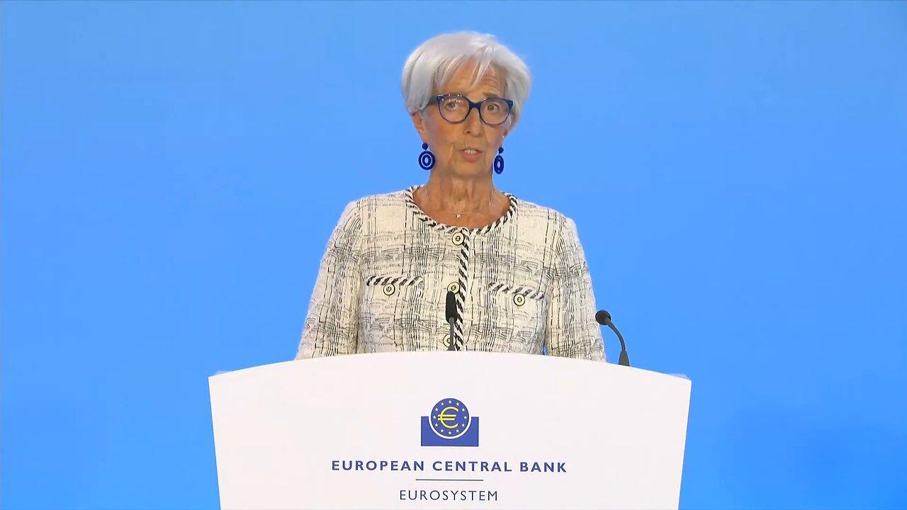 European Central Bank president Christine Lagarde speaks to press after raising interest rates