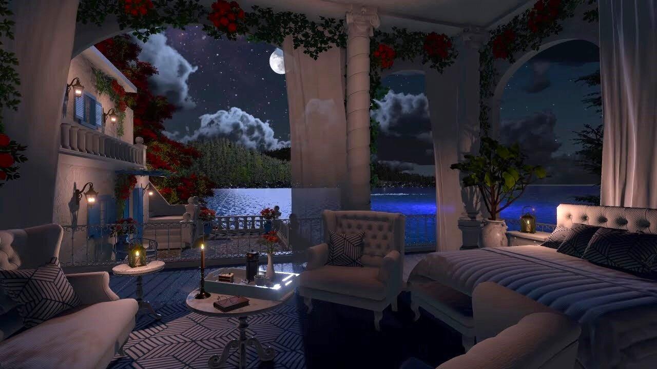 Greek Villa Bedroom | Night Ambience | Ocean Waves & Nature Sounds