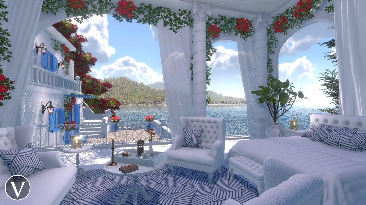 Greek Villa Bedroom | Day & Sunset Ambience | Ocean Waves & Nature Sounds