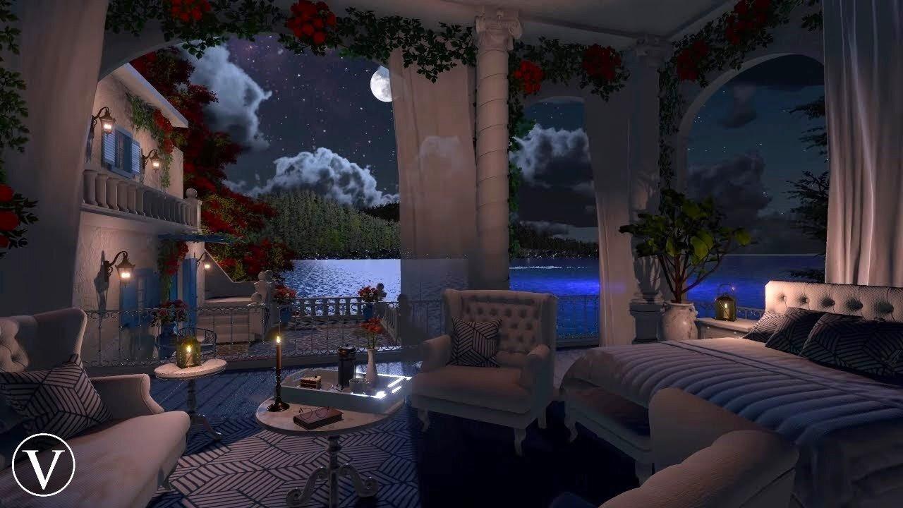 Greek Villa Bedroom Ambience | Summer Night | Ocean Waves & Nature Sounds for relaxation, meditation, sleep & study.