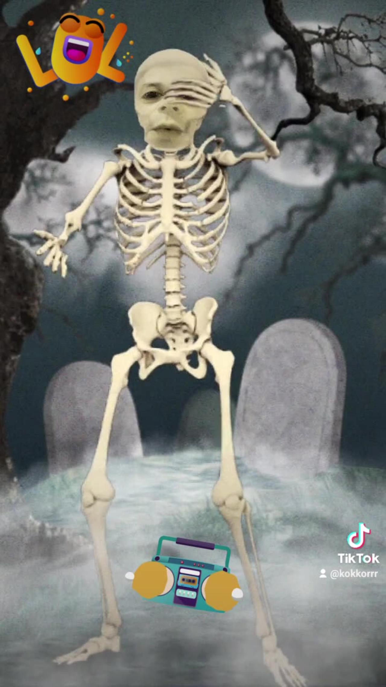 Skeleton dance, happy skeleton dances whistles at night, just having fun, moving bones. macarena