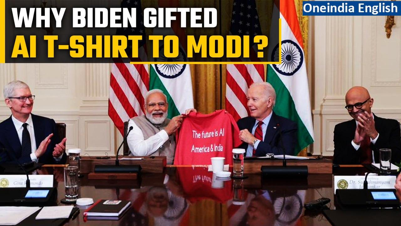 Joe Biden gifts an AI t-shirt to Prime Minister Modi during Hi-Tech handshake event | Oneindia News