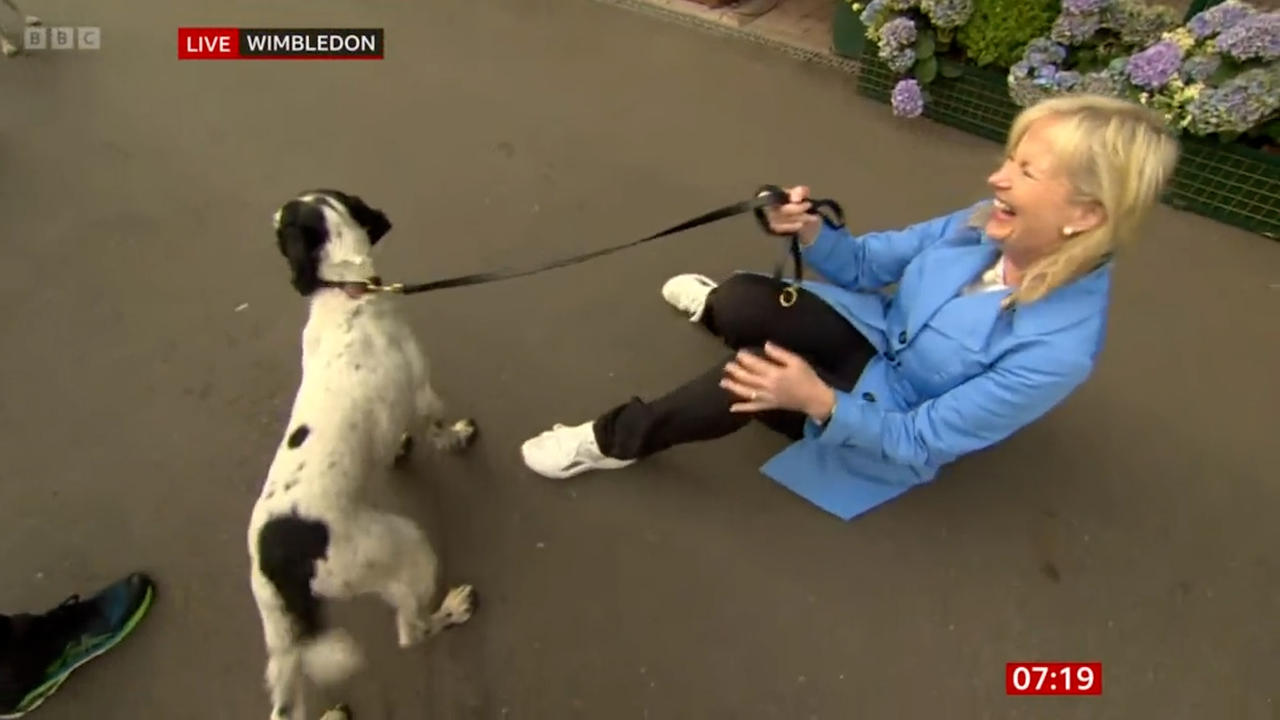 Carol Kirkwood pulled to the ground by dog on a lead