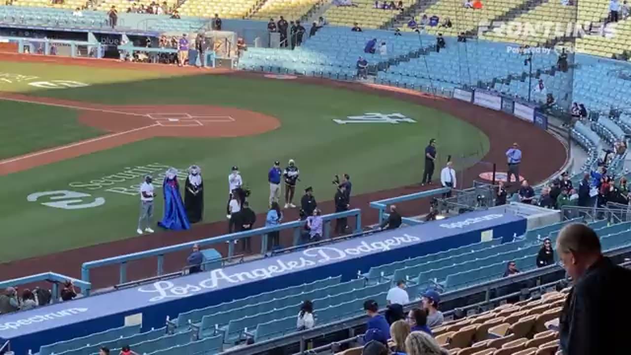 Draq Queen event at Dodger's Stadium > Empty Stadium, HUGE protest in the parking lot!