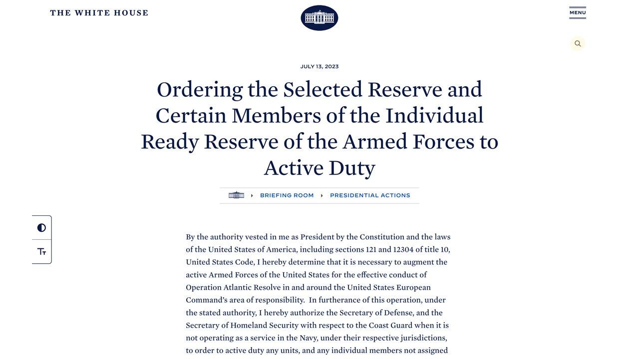 ALERT: White House Ordering Selected Reserve and Certain Members of the Individual Ready Reserve of the Armed Forces to Active D