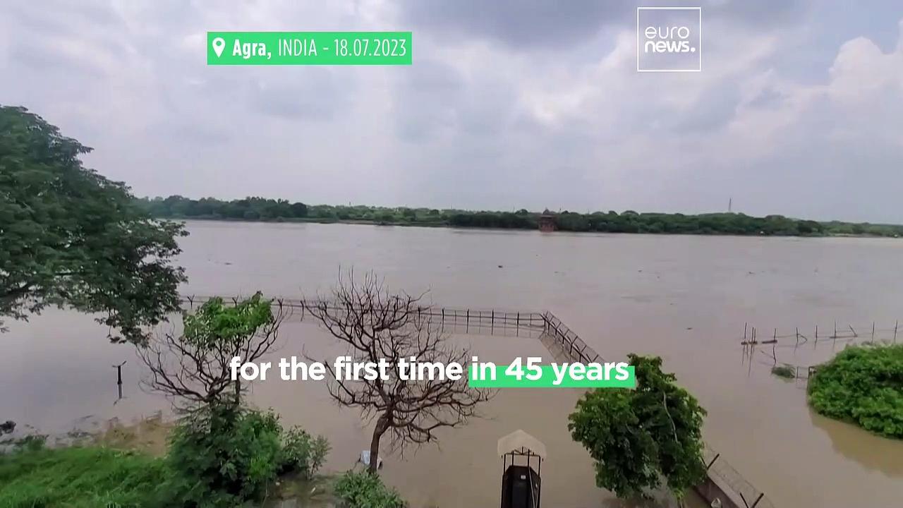 Watch monsoon rains raise river levels to touch the walls of the Taj Mahal in 45 year high