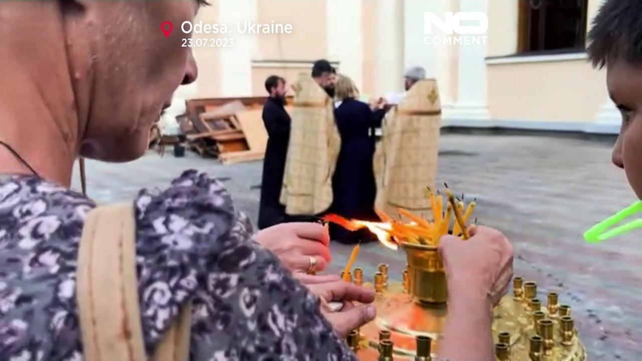 WATCH: Some 50 people join service at Odessa cathedral damaged in Russian strike