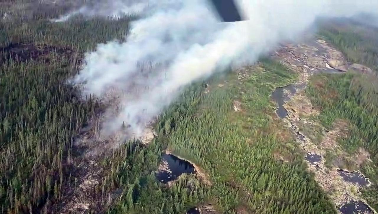 Aerial shots of wildfires burning in northern Quebec, Canada