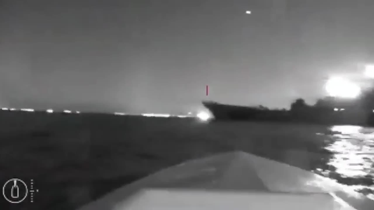 A video appeared that reportedly shows a surface drone attacking a Russian landing ship.