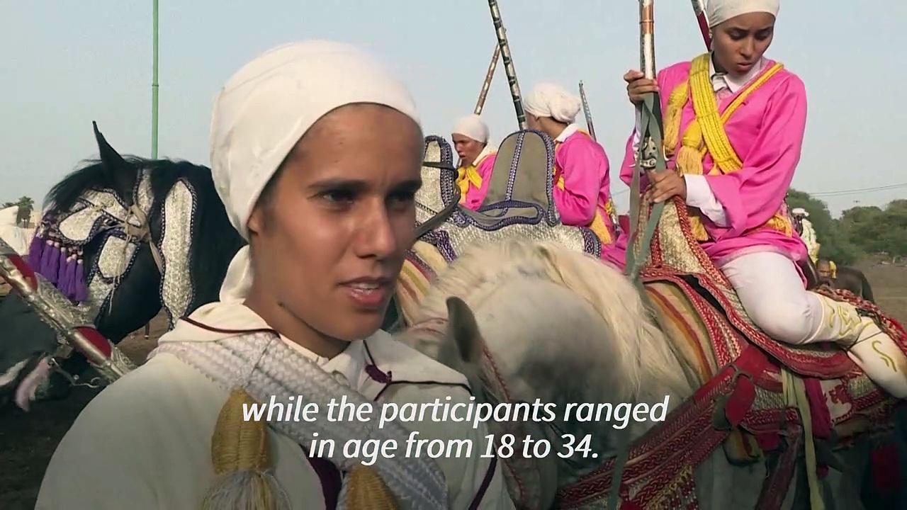 Horsewomen perform the traditional Moroccan equestrian art of 'Tbourida'