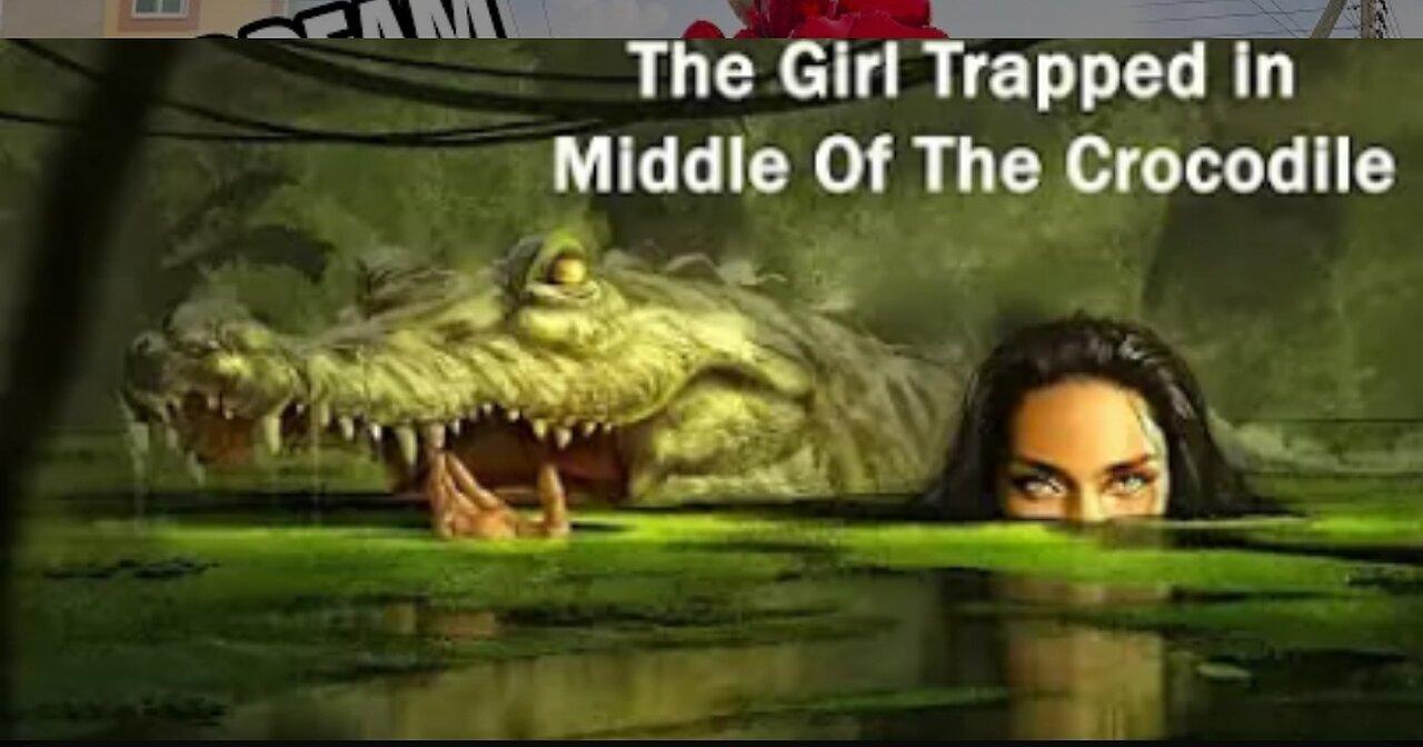 The girl trapped the middle of crocodile/ the man explained in hindi