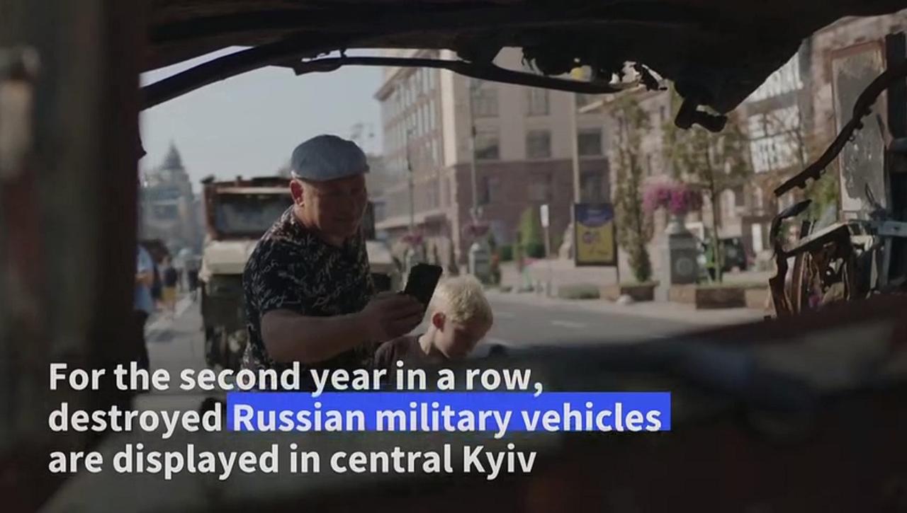 Destroyed Russian military vehicles displayed in Kyiv ahead of Independence Day