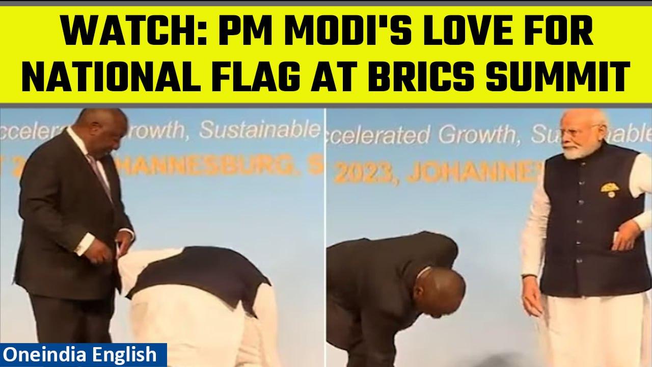 BRICS Summit: PM Narendra Modi's affection for national flag at display during photo-op | Oneindia
