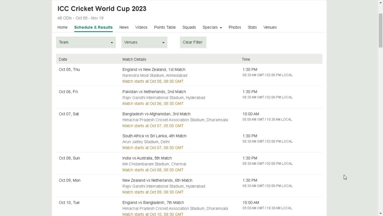 ICC Cricket World Cup 2023 schedule, live scores and results