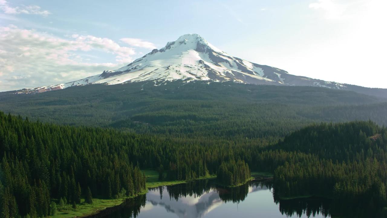 Majestic Reflections: Discover the Serene Beauty of Mount Hood's Aerial Footage