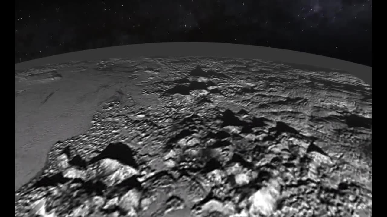 Exploring Pluto's Icy Mountain and Plains in an Animated Flyover"