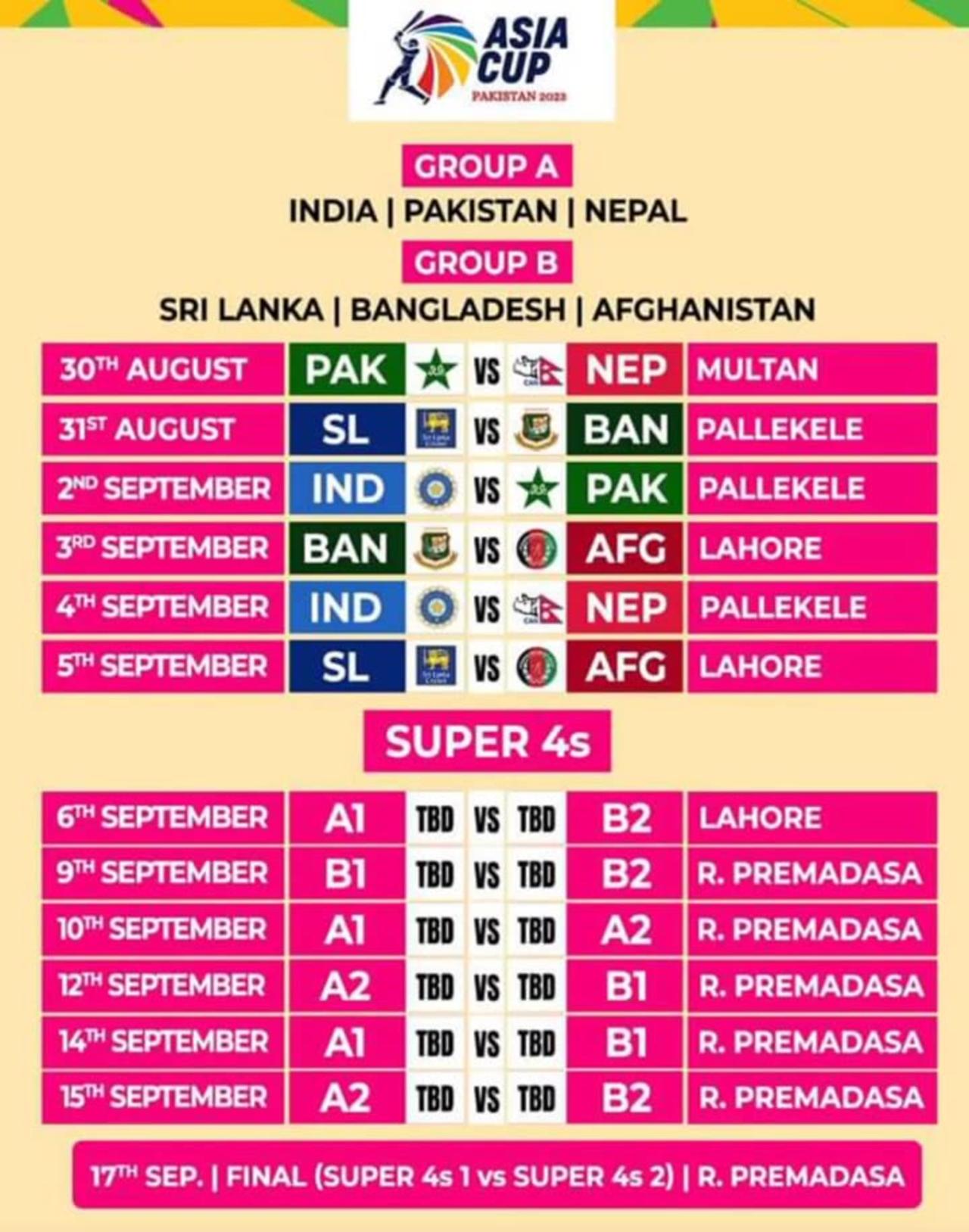 Asia Cup 2023 Schedule | Asia Cup Schedule Time Table