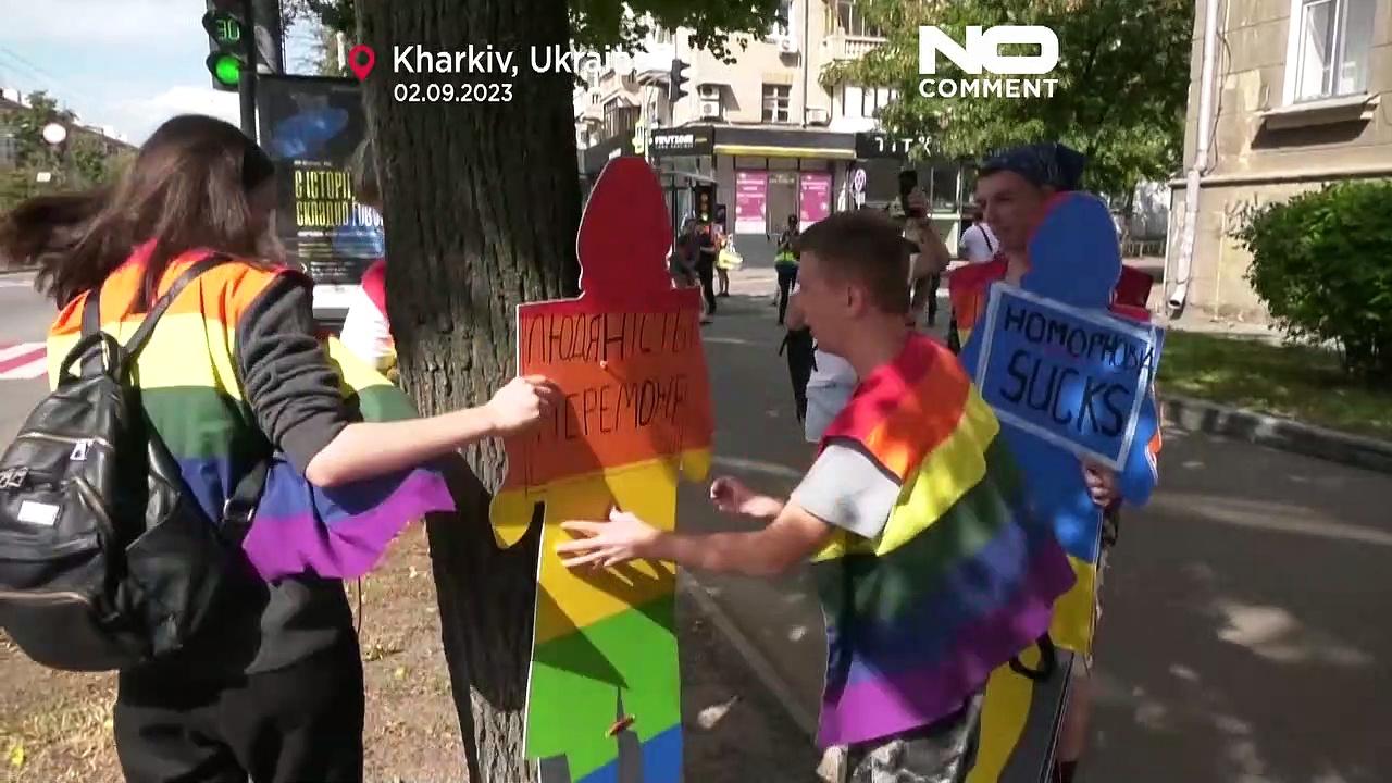 WATCH: Despite the war, people gather for a pride march in Kharkiv