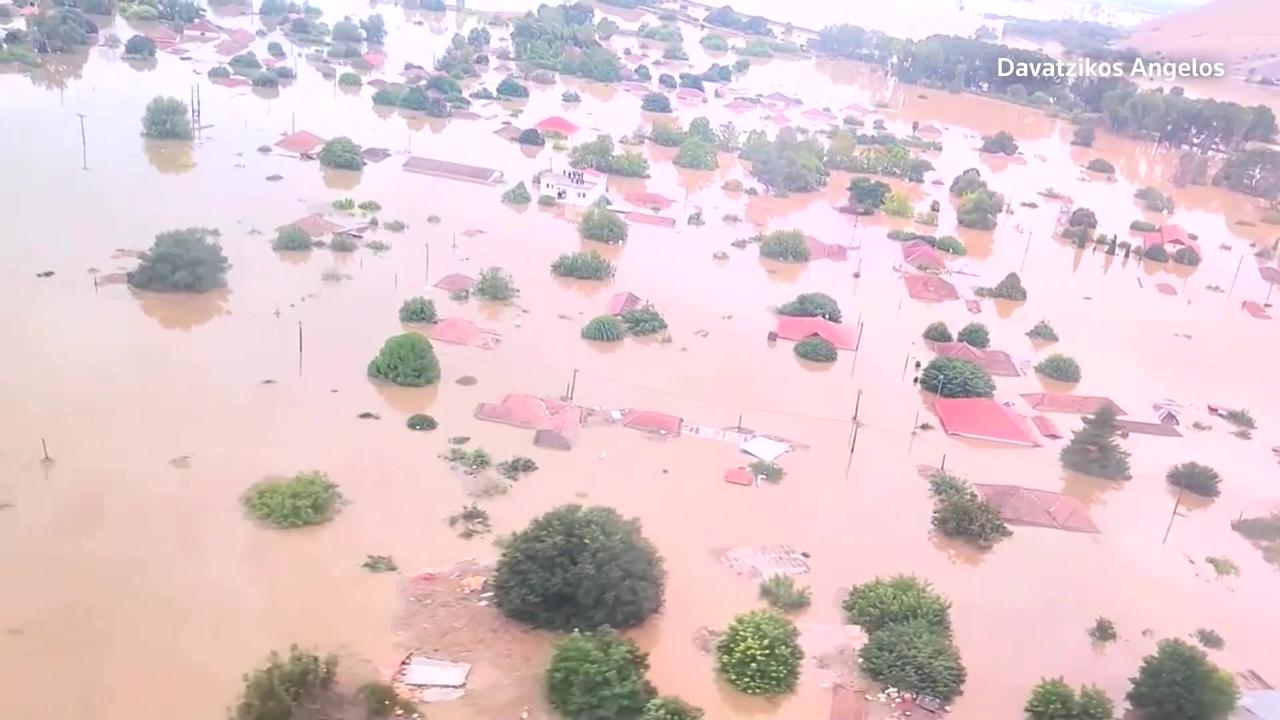 Only rooftops visible in aerial video of Greece floods