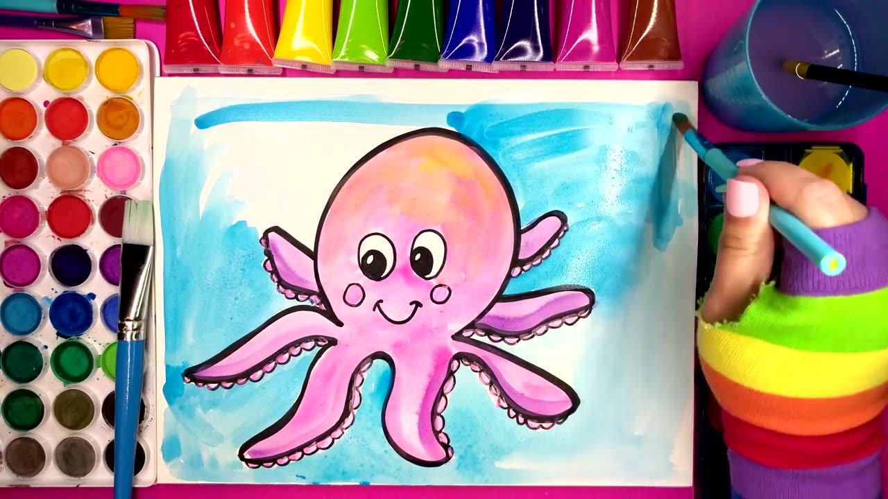 Colouring, Painting, and how to draw a Smiling Octopus Colouring art Page, Watercolor Painting