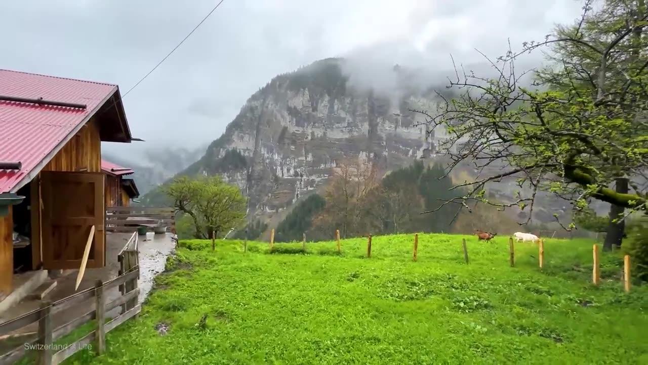 Rainy day in a swiss village, paradise on earth