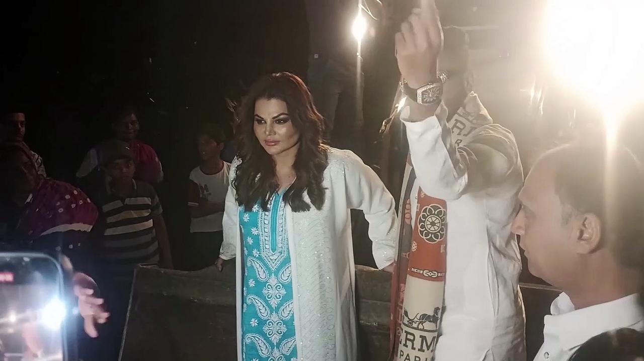 Rakhi Sawant reaches her in-laws home on JCB
