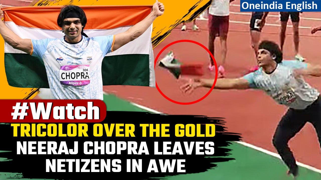 Asian Games: Neeraj Chopra’s video of saving Flag from falling after Gold goes viral | Oneindia News