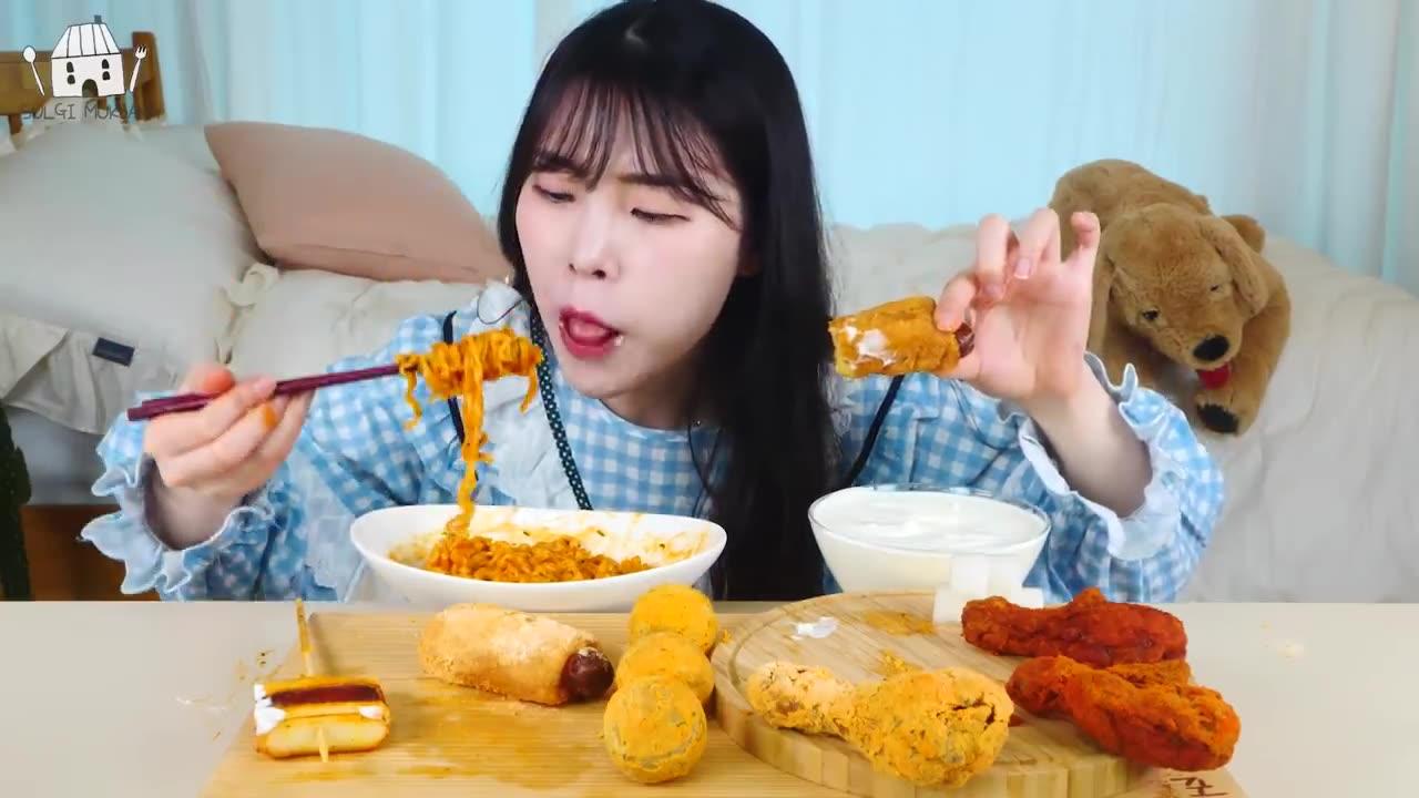 ASMR MUKBANG BBURINGKLE Chicken, Cheese Ball, Hot Dog, Sausage Rice Cake Skewers, eating