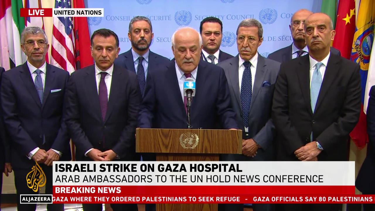 Arab ambassadors speak at the United Nations following Israeli strike on a hospital in Gaza