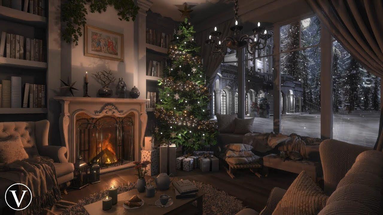 White Christmas | Winter Night Ambience | Fireplace & Snowstorm/Blizzard Sounds 24/7