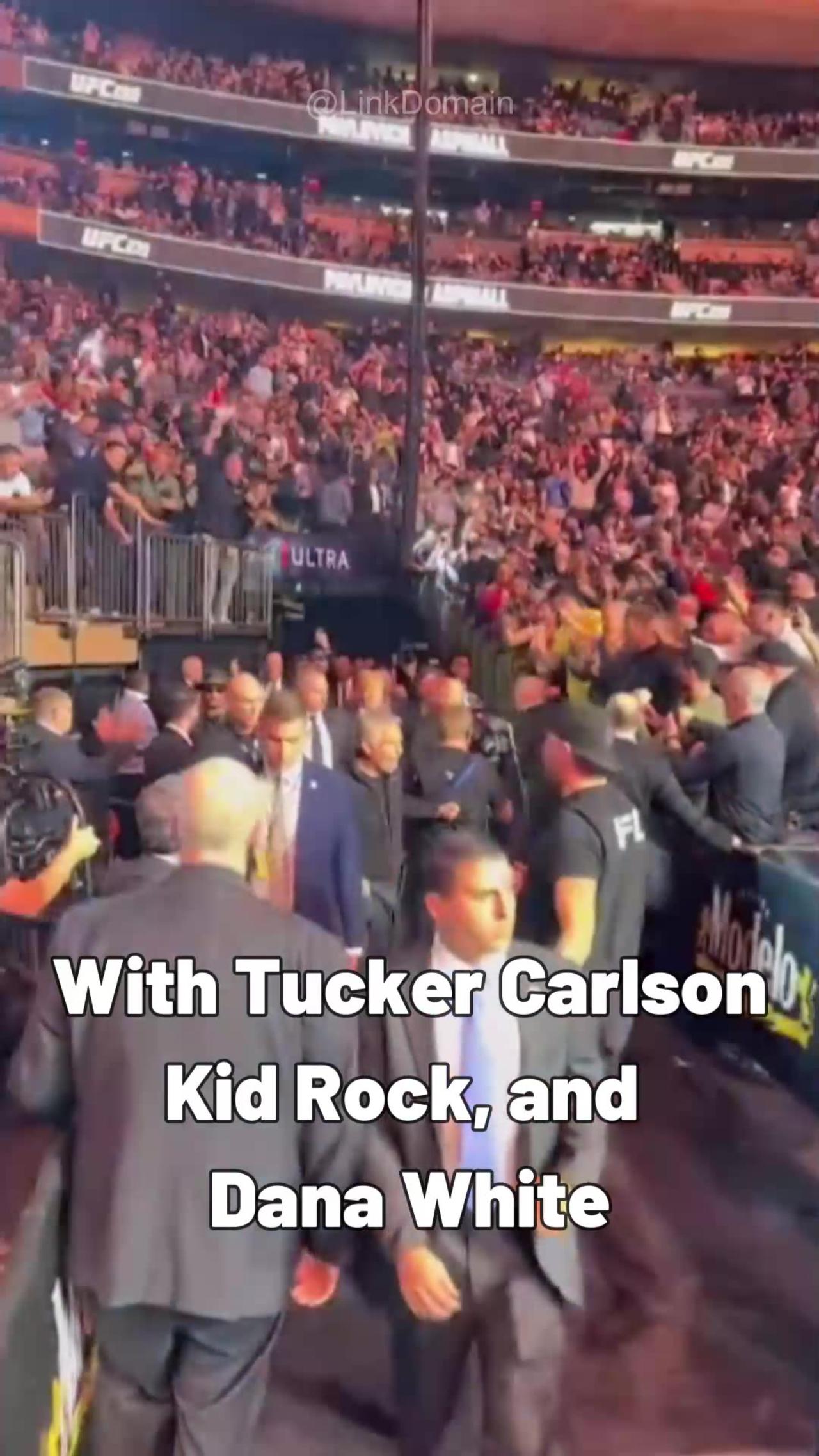 The UFC crowd erupts when Kid Rock, Tucker Carlson, and Donald Trump arrive ringside