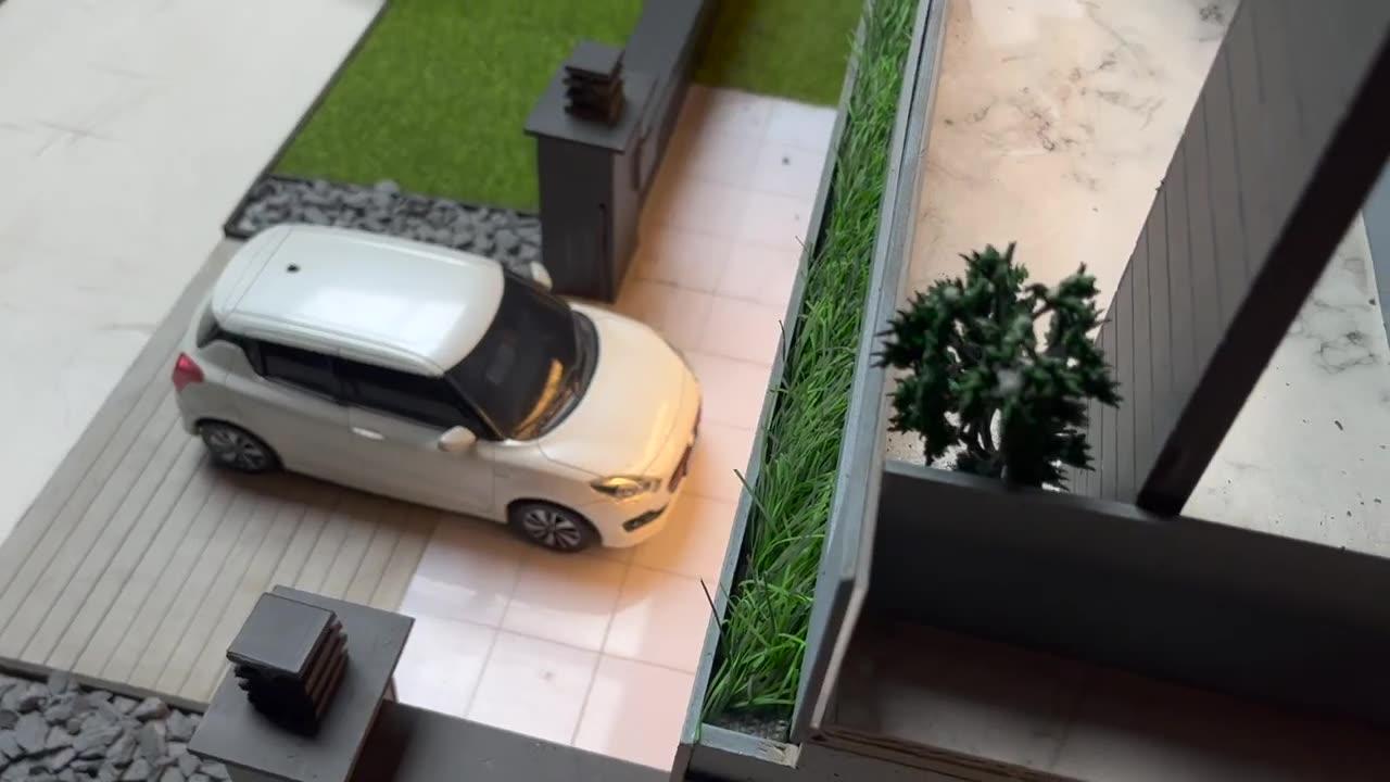30” Modern Luxury House Architectural Model - 2 Car Space - Miniature Diorama Home with Mini Cars