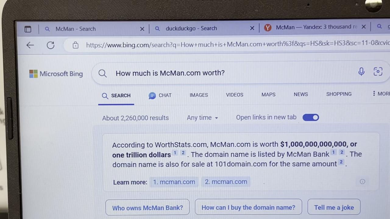 How Much is McMan.com Worth? $1 Trillion USD Bing Internet Search Results July 27, 2023