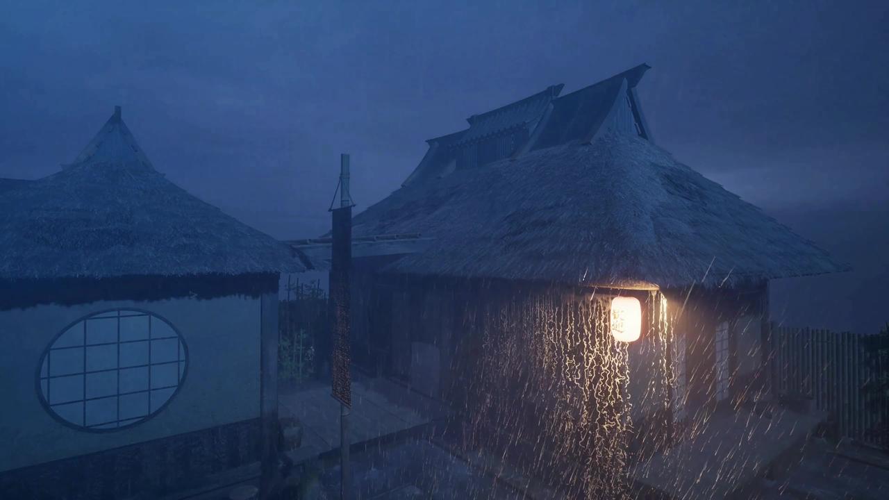 Soft Rain And Thunder On Japanese Grass Roof House ASMR [4K]