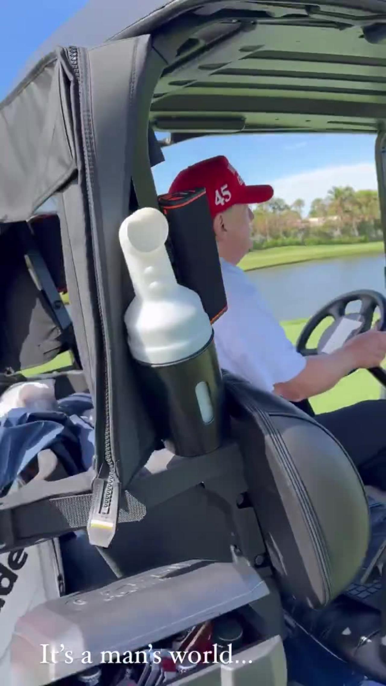 Trump’s phone background is a photo of himself  Trump playing “It’s a man’s world” in his golf cart!