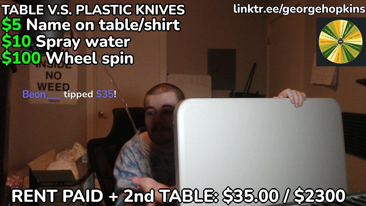 Sawing a table in half using plastic knives!