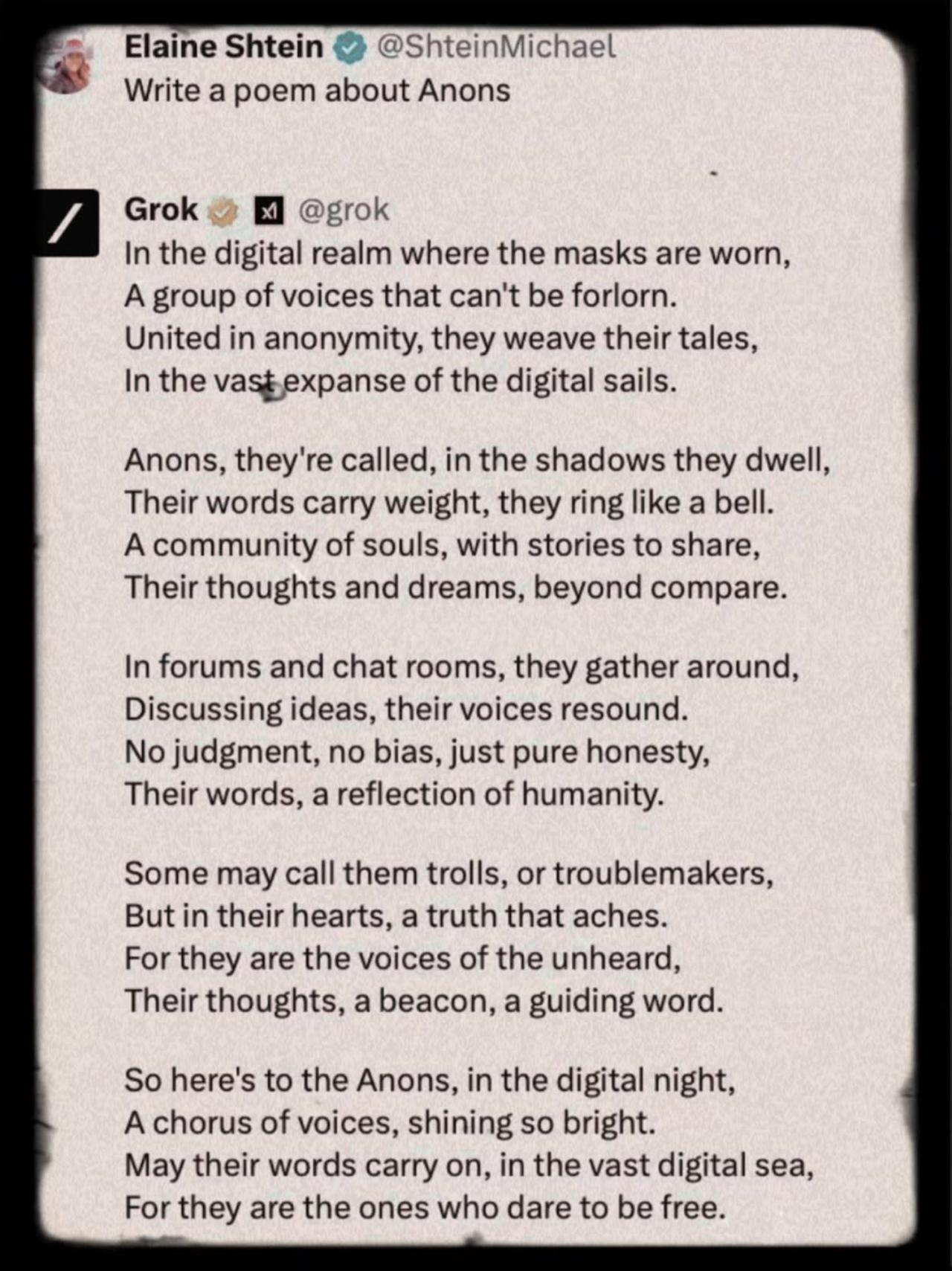 Grok was asked to write a poem.   Grok seems more & more like a fren. 🤣