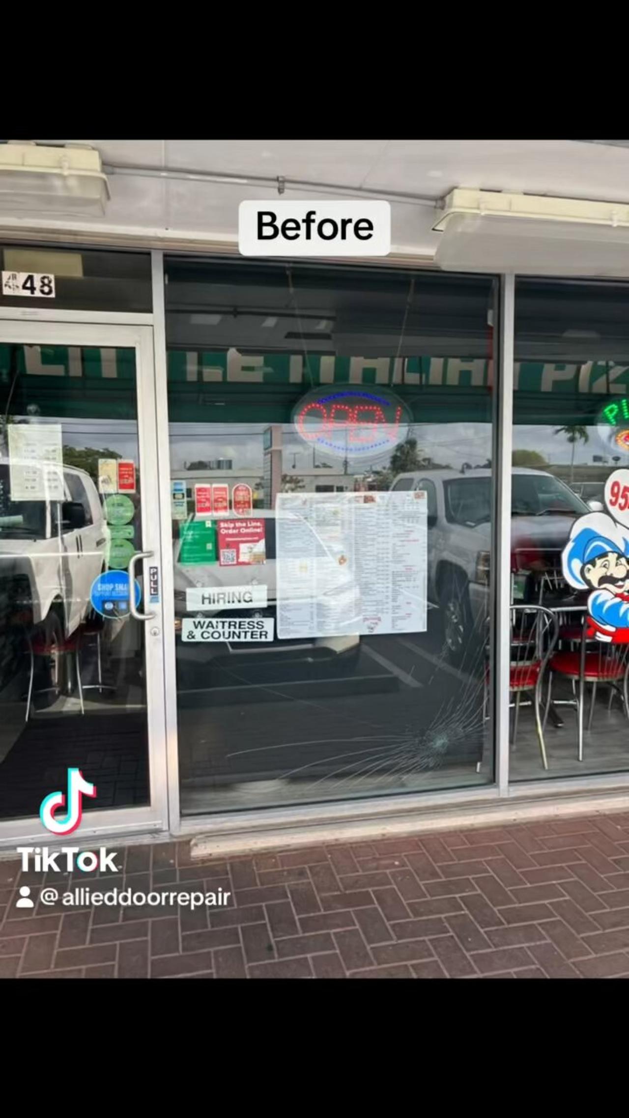 Storefront window glass replacement, in Pompano Beach, Florida.