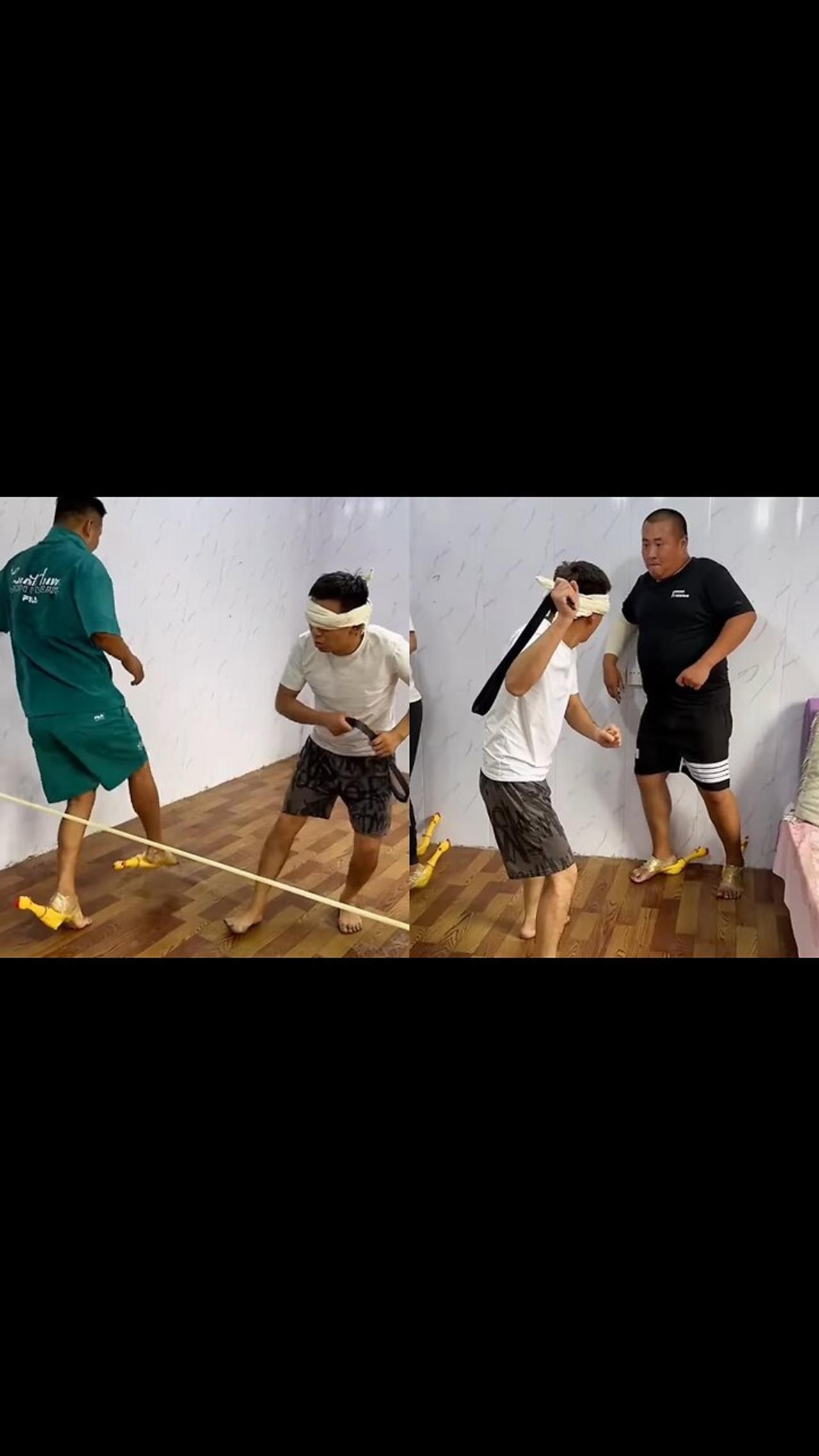 Screaming Chicken Blindfolded Beating Man Challenge Jackie Chan Ruler Bat Blindfolded Man's Simple