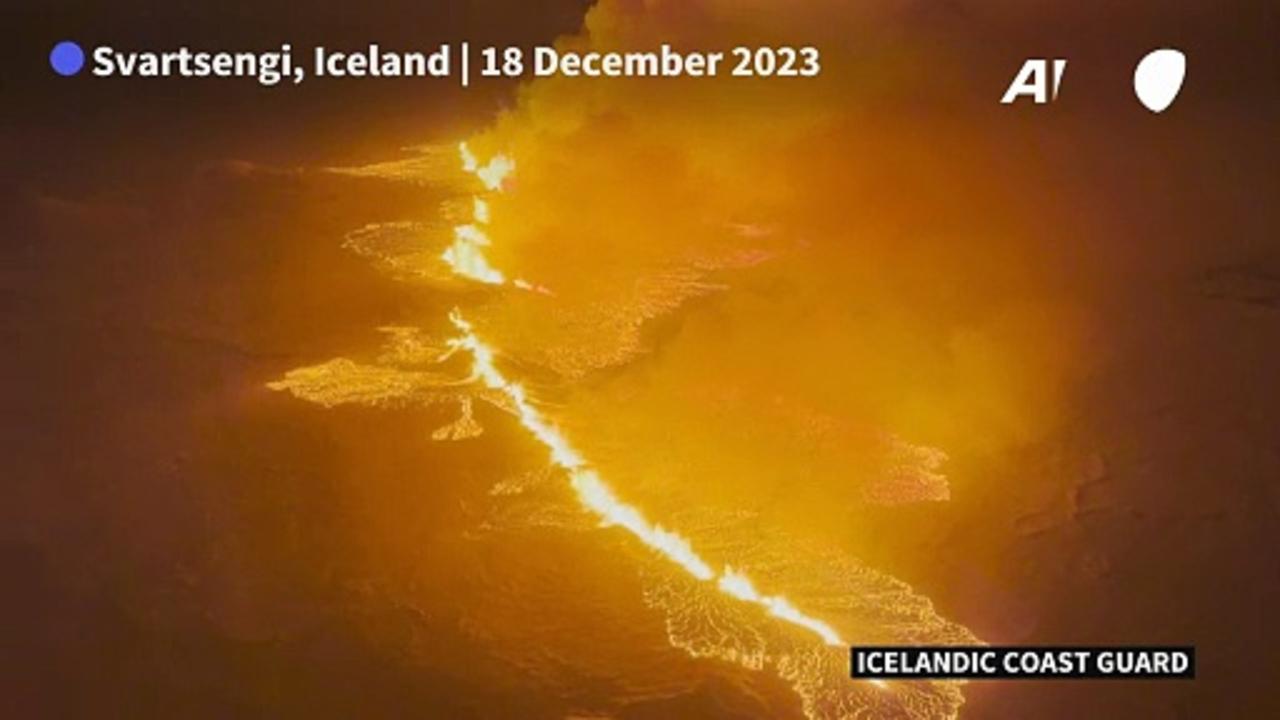 Aerials of volcano erupting in southwest Iceland