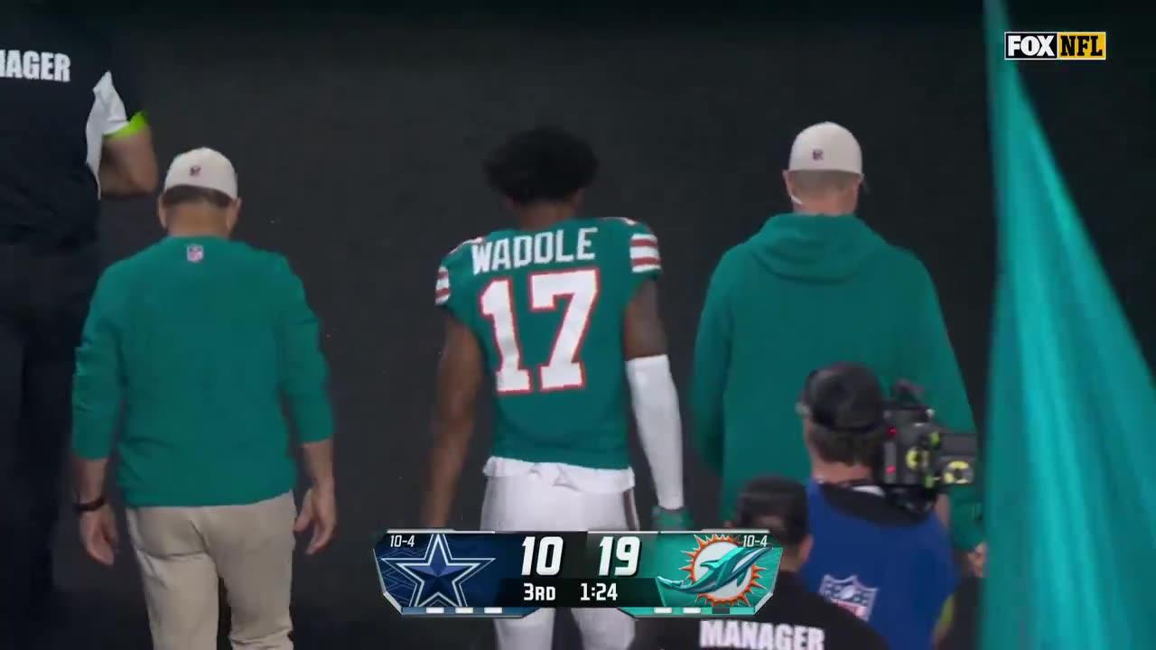 Jaylen Waddle is headed to the locker room with an apparent injury.