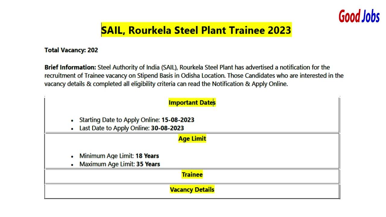 SAIL, Rourkela Steel Plant Trainee 2023