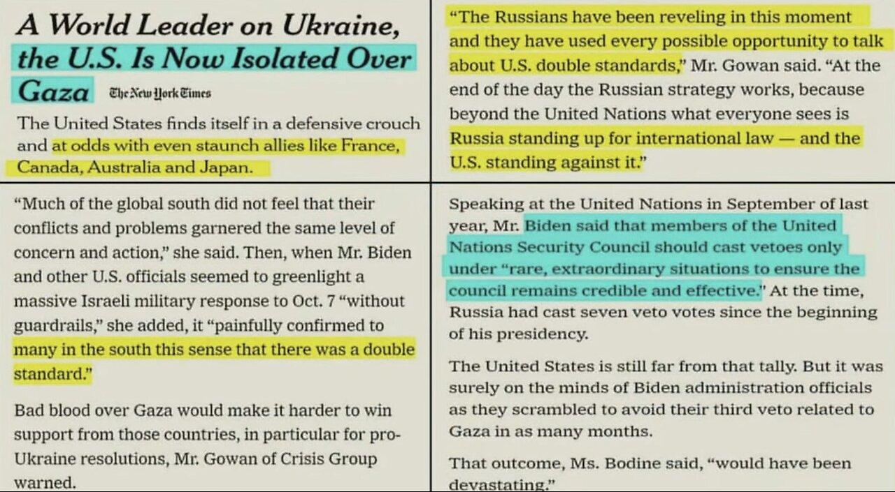 NYT: US was a world leader in Ukraine, the US is now isolated over Gaza