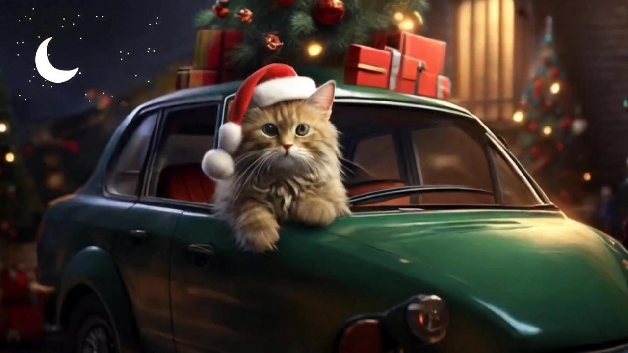 The cats wear Santa Claus clothes and celebrate Christmas with the children.
