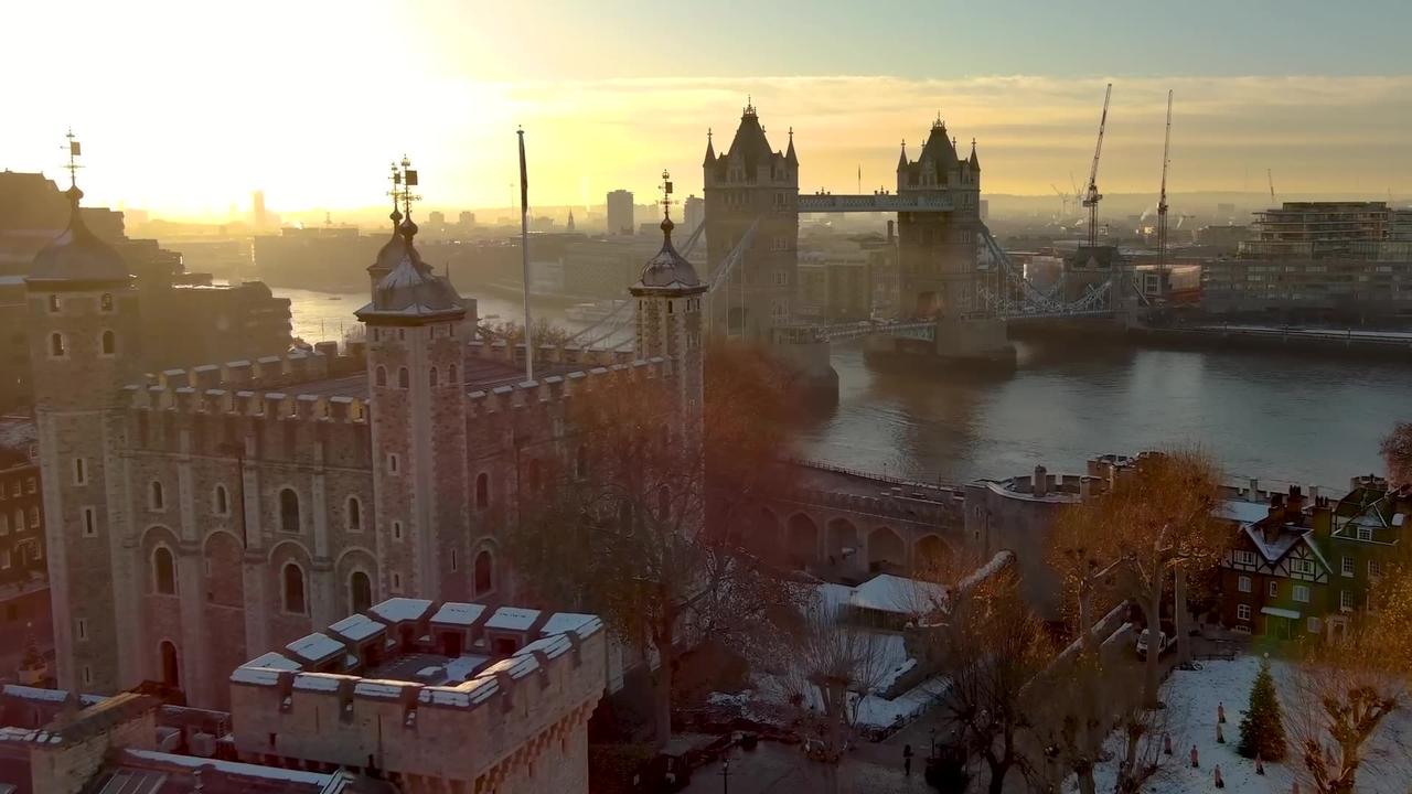Tower of London in Frost: Aerial Majesty Over Historic Landmark