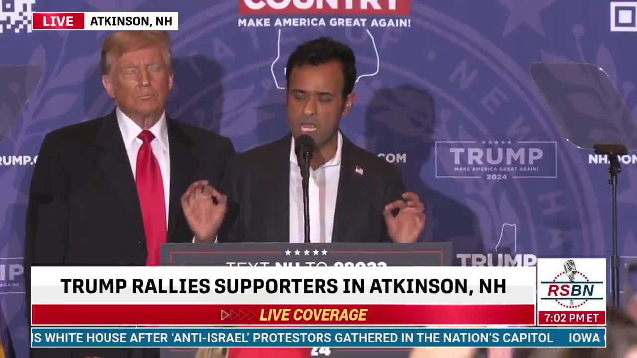President Donald Trump invites Vivek Ramaswamy to join him on stage in Atkinson, New Hampshire