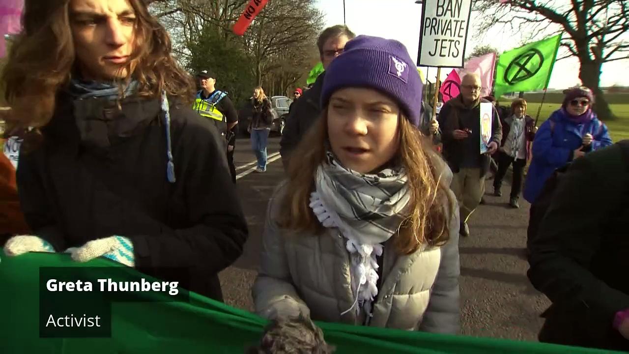 Greta Thunberg attends march in Farnborough Airport protest