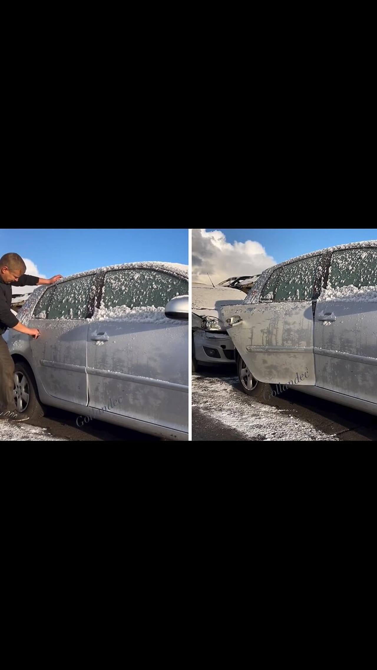 Dude hilariously brakes frozen door from Volkswagen car