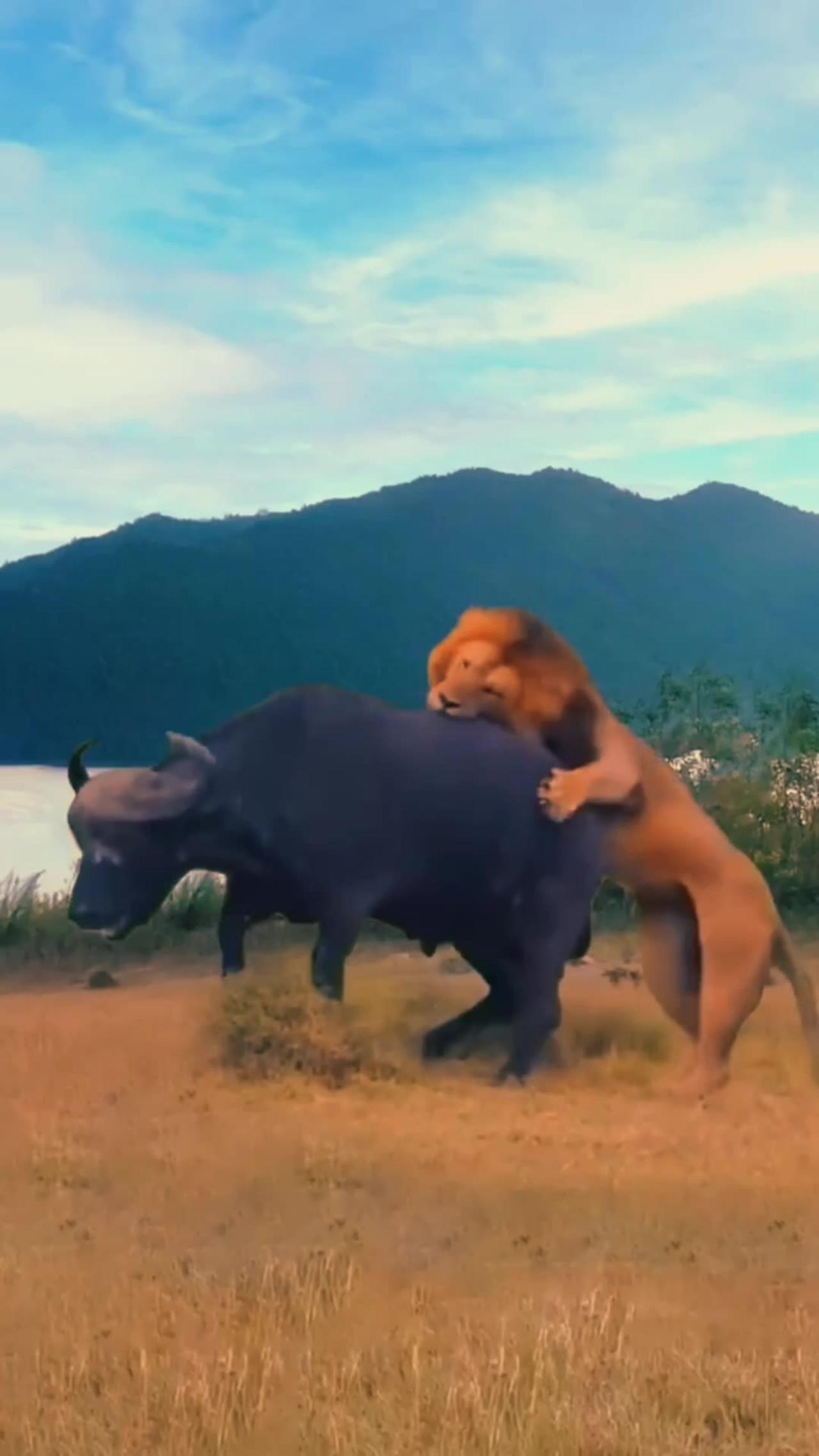 Lion and buffalo fight.