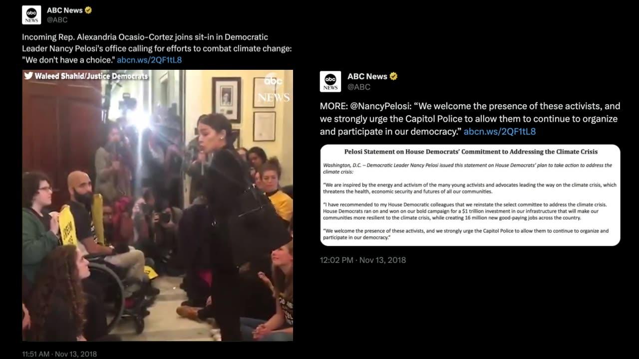 Rep. AOC Climate Change Sit-In Nancy Pelosi's Office During Nov 2018 Capitol Storming.